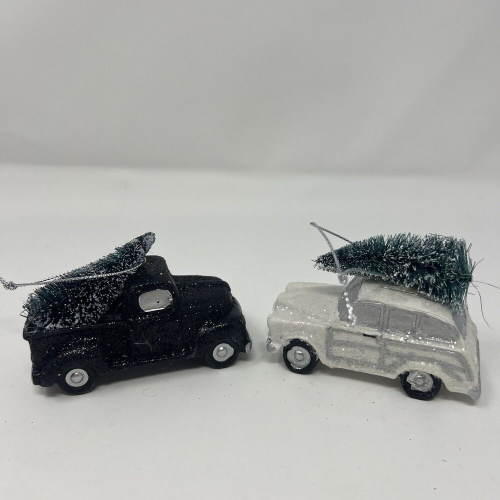 Vintage Style Truck Christmas Tree Ornament Glitter Snowy Bottle Brush Tree 2 Pk